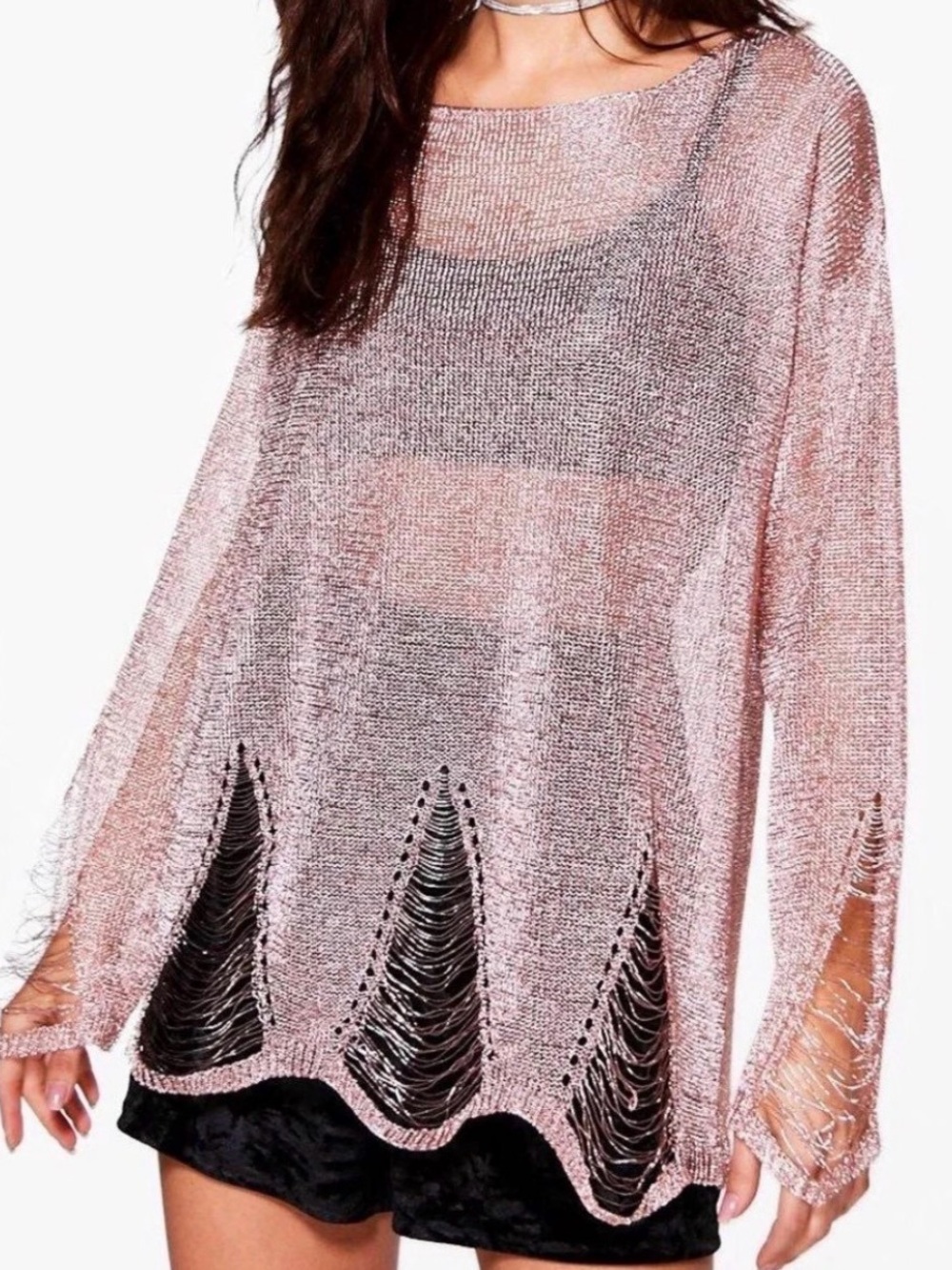 Boohoo distressed metallic top